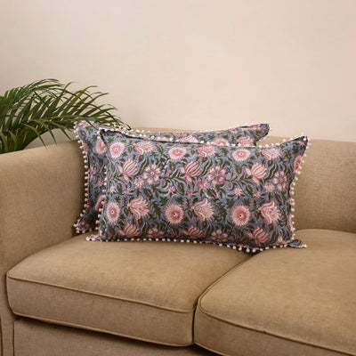 Sanganeri pillow cover with pom (set of 2) 17 - handcrafted