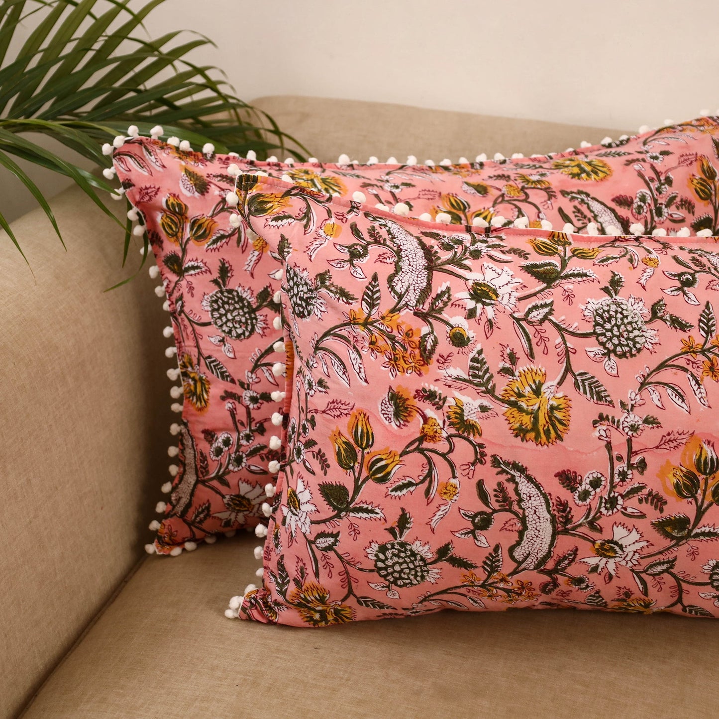 Sanganeri pillow cover with pom (set of 2) 18 - handcrafted