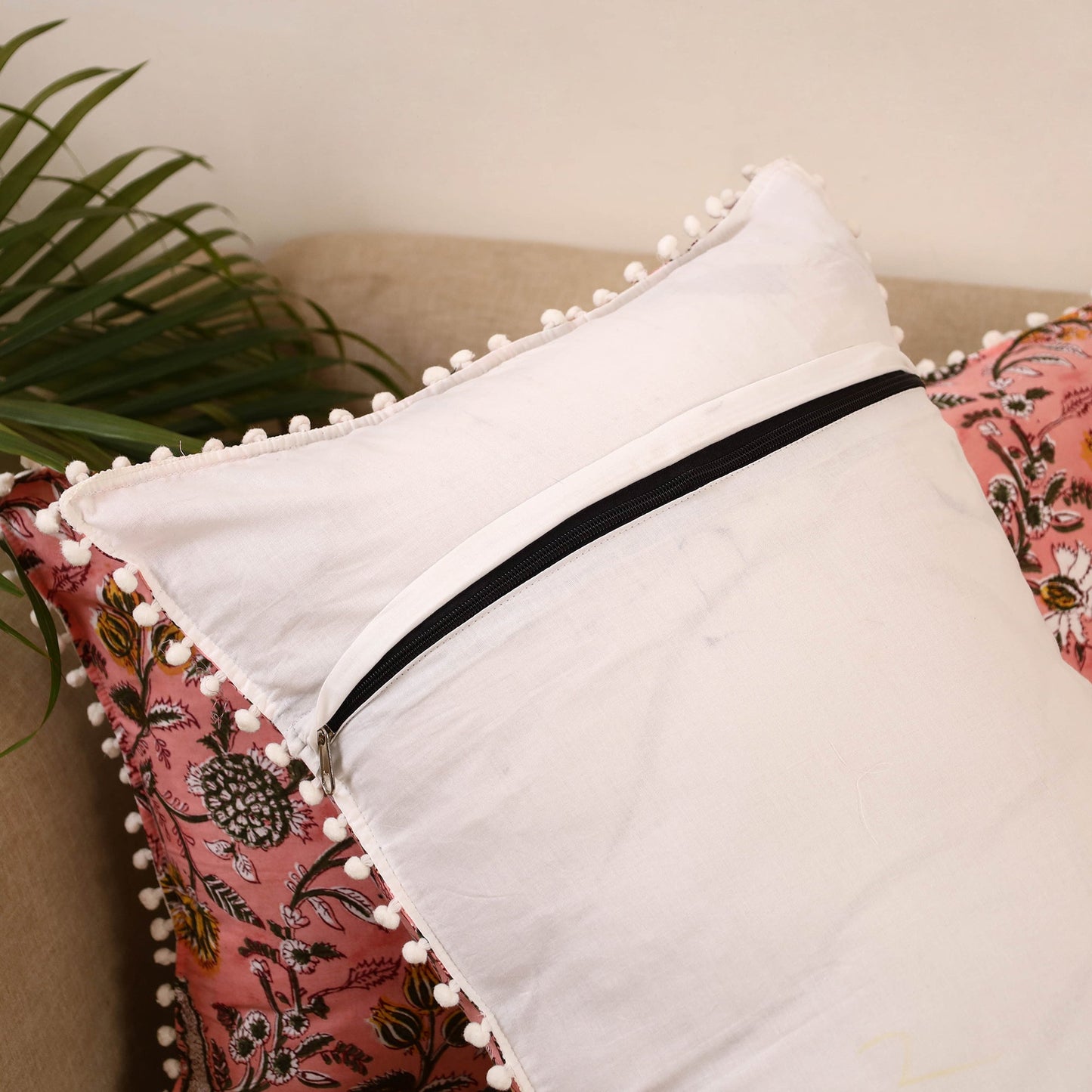 Sanganeri pillow cover with pom (set of 2) 18 - handcrafted