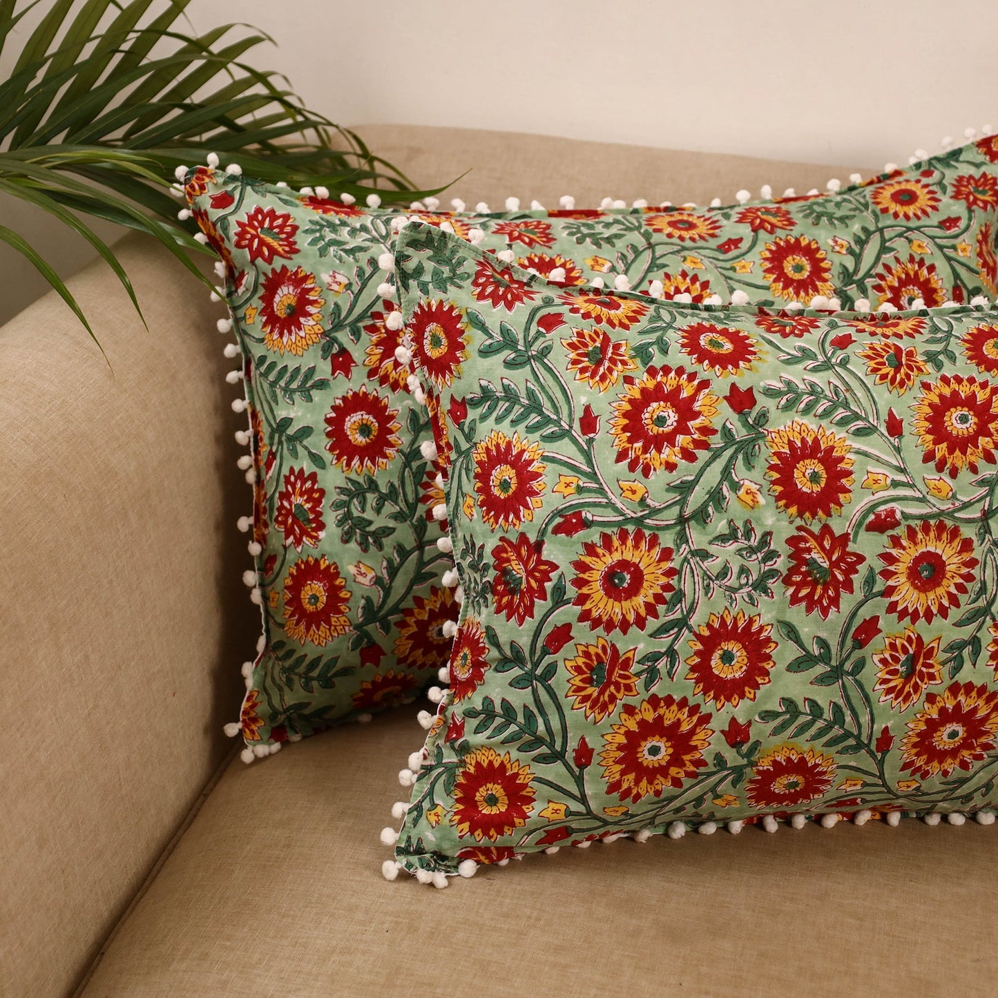 Sanganeri pillow cover with pom (set of 2) 19 - handcrafted
