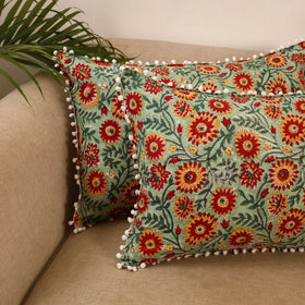 Sanganeri pillow cover with pom (set of 2) 19 - handcrafted