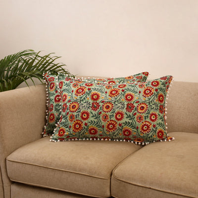 Sanganeri pillow cover with pom (set of 2) 19 - handcrafted