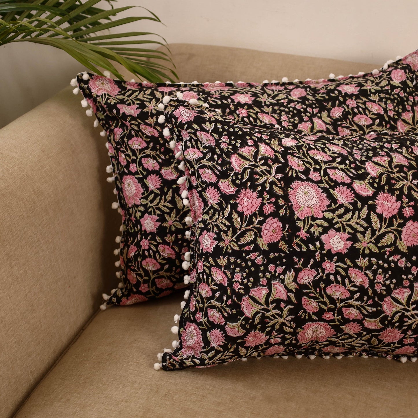 Sanganeri pillow cover with pom (set of 2) 20 - handcrafted