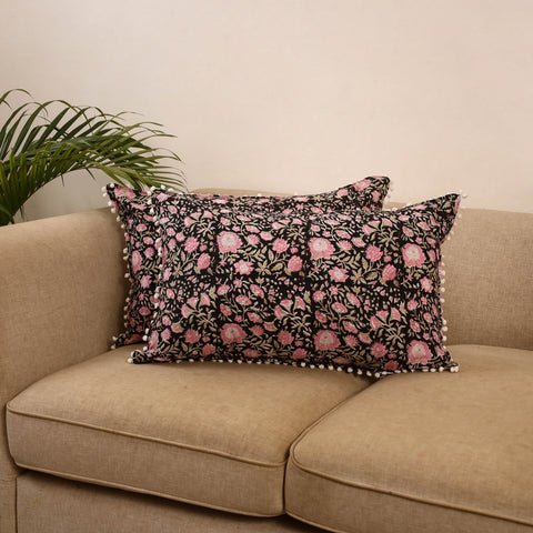 Sanganeri pillow cover with pom (set of 2) 20 - handcrafted
