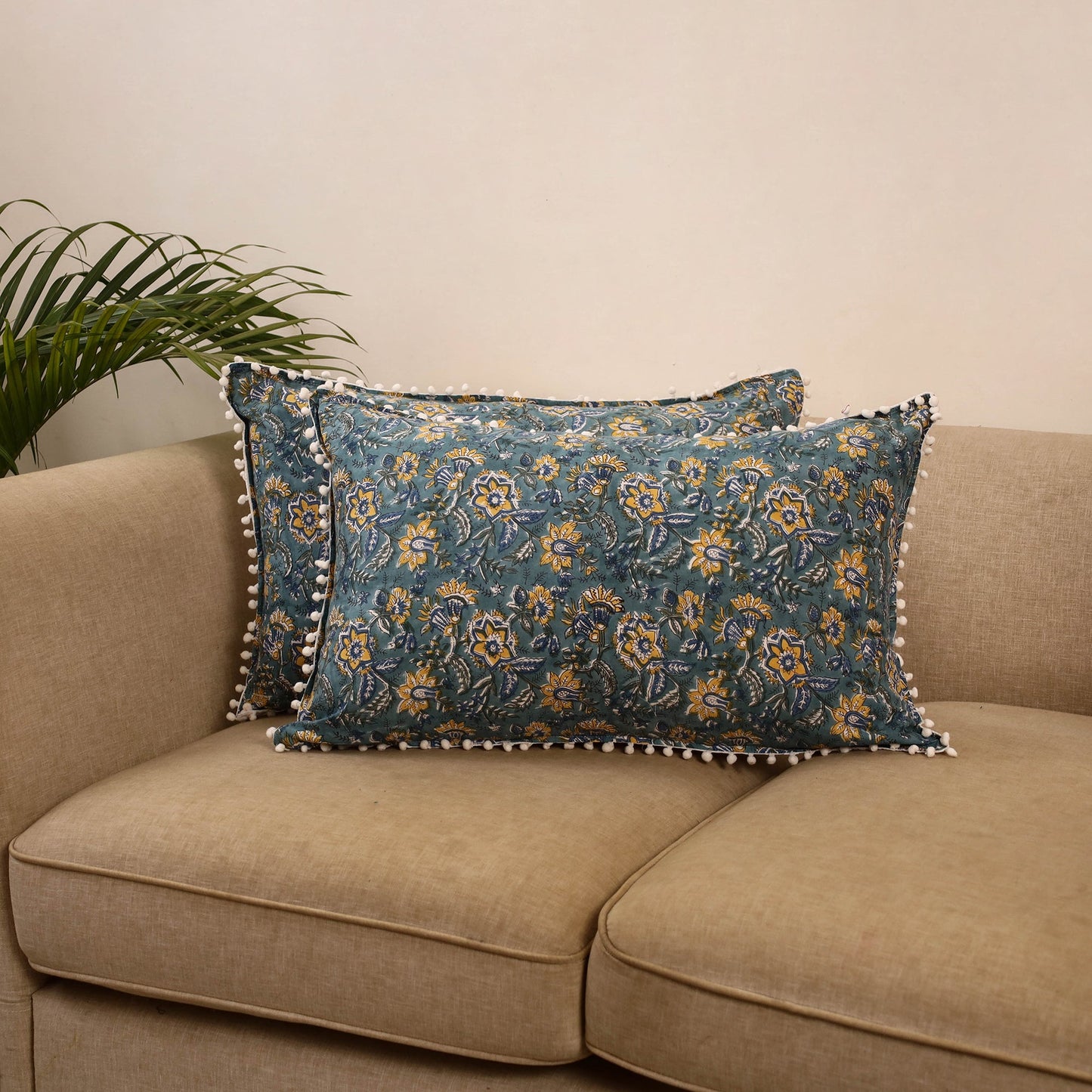 Sanganeri pillow cover with pom (set of 2) 21 - handcrafted