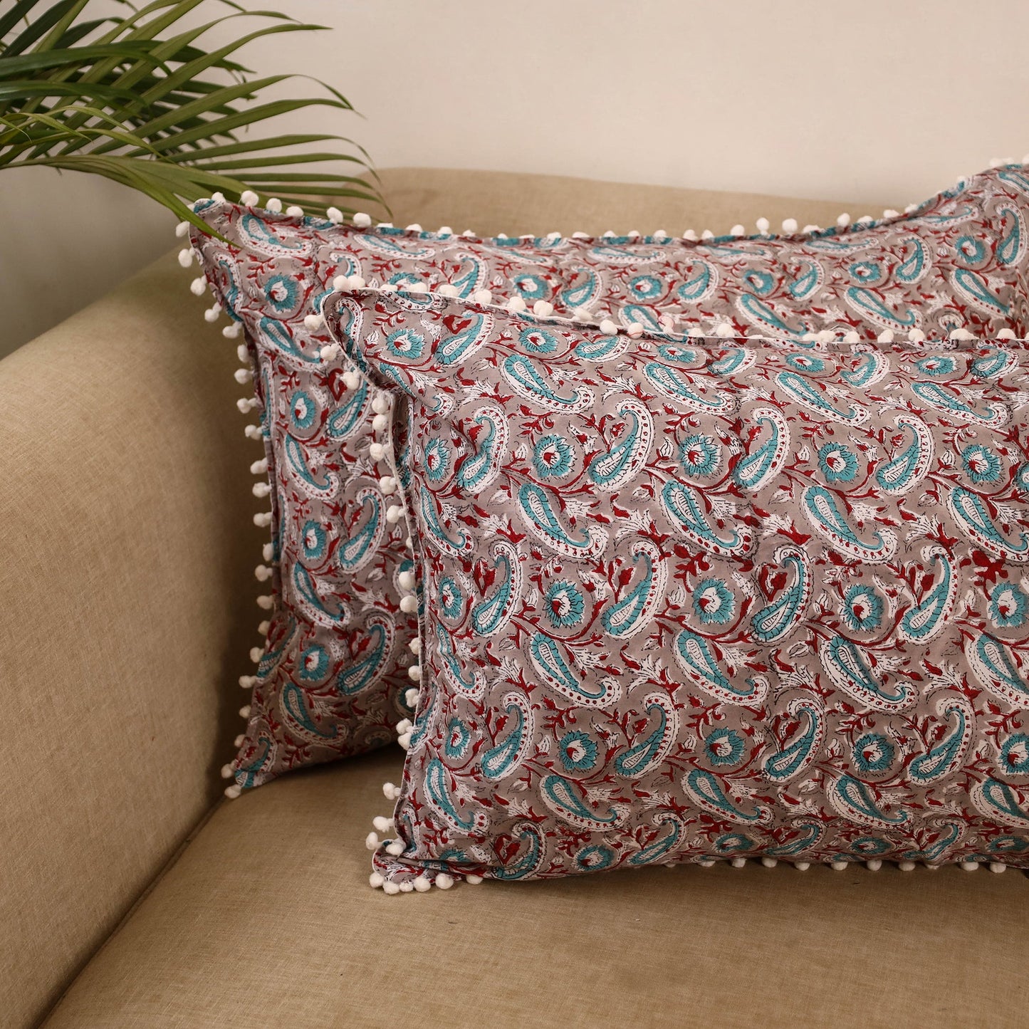 Sanganeri pillow cover with pom (set of 2) 22 - handcrafted