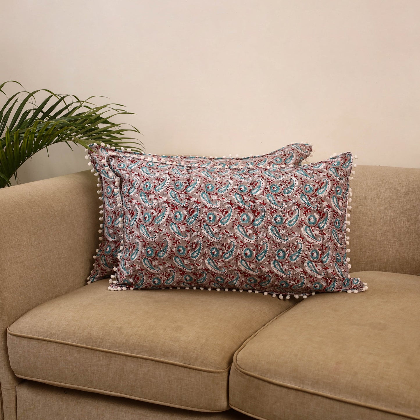 Sanganeri pillow cover with pom (set of 2) 22 - handcrafted
