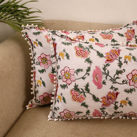 Sanganeri pillow cover with pom (set of 2) 23 - handcrafted