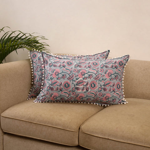 Sanganeri pillow cover with pom (set of 2) 24 - handcrafted