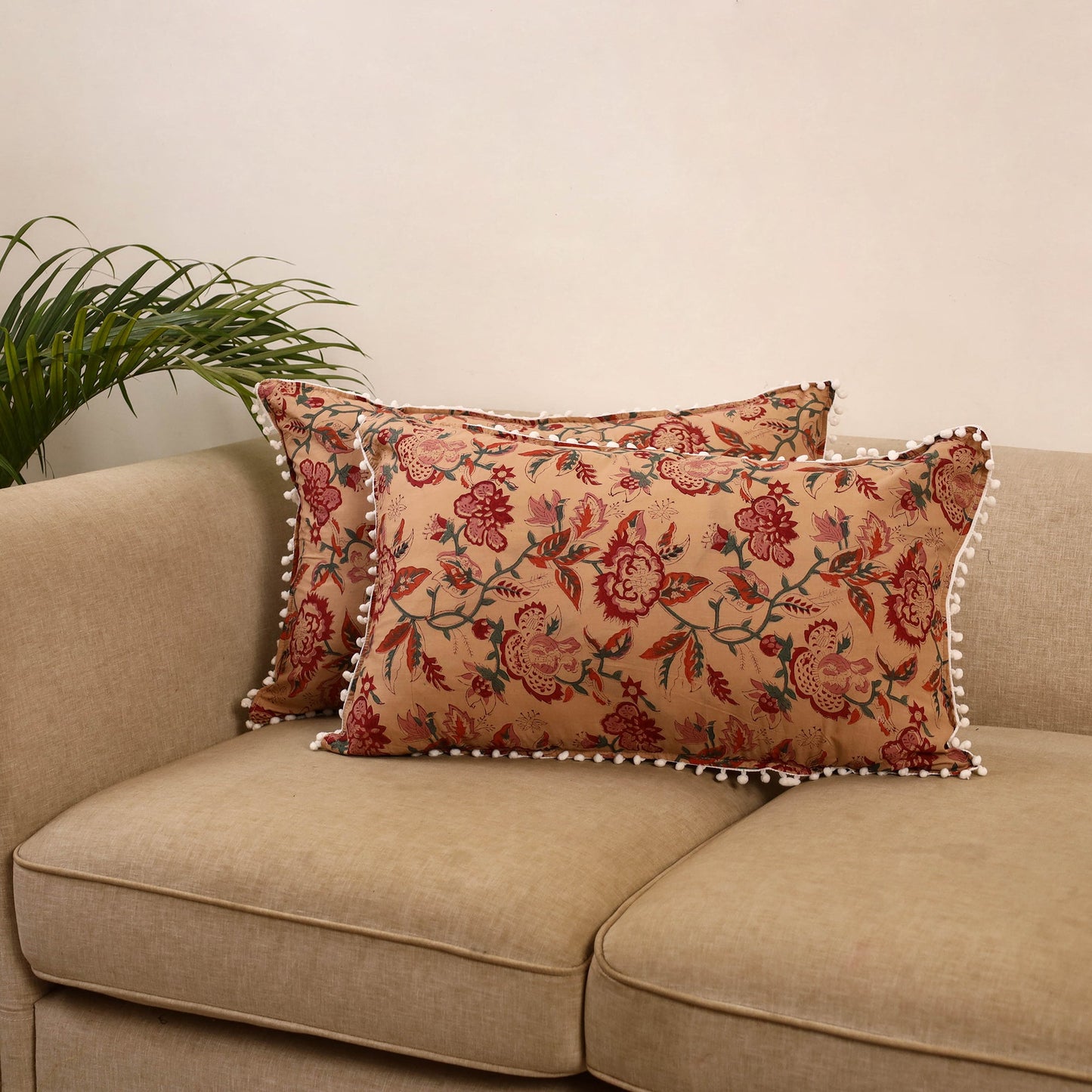 Sanganeri pillow cover with pom (set of 2) 25 - handcrafted