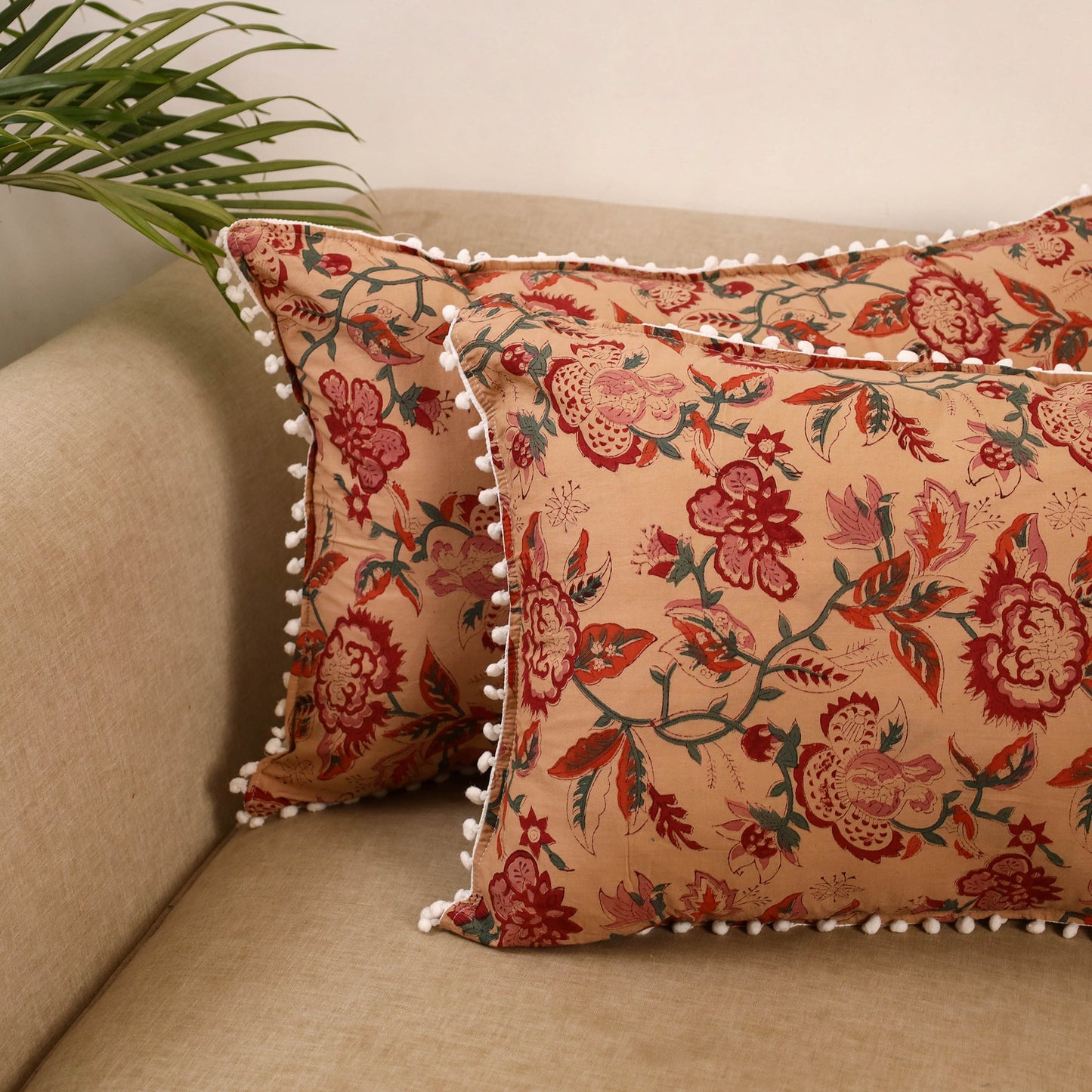Sanganeri pillow cover with pom (set of 2) 25 - handcrafted