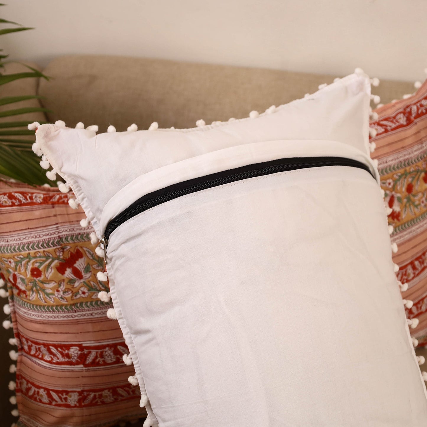 Sanganeri pillow cover with pom (set of 2) 26 - handcrafted