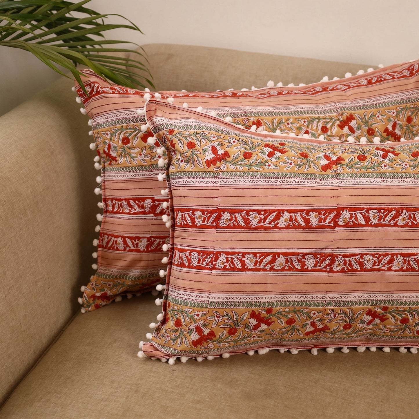 Sanganeri pillow cover with pom (set of 2) 26 - handcrafted