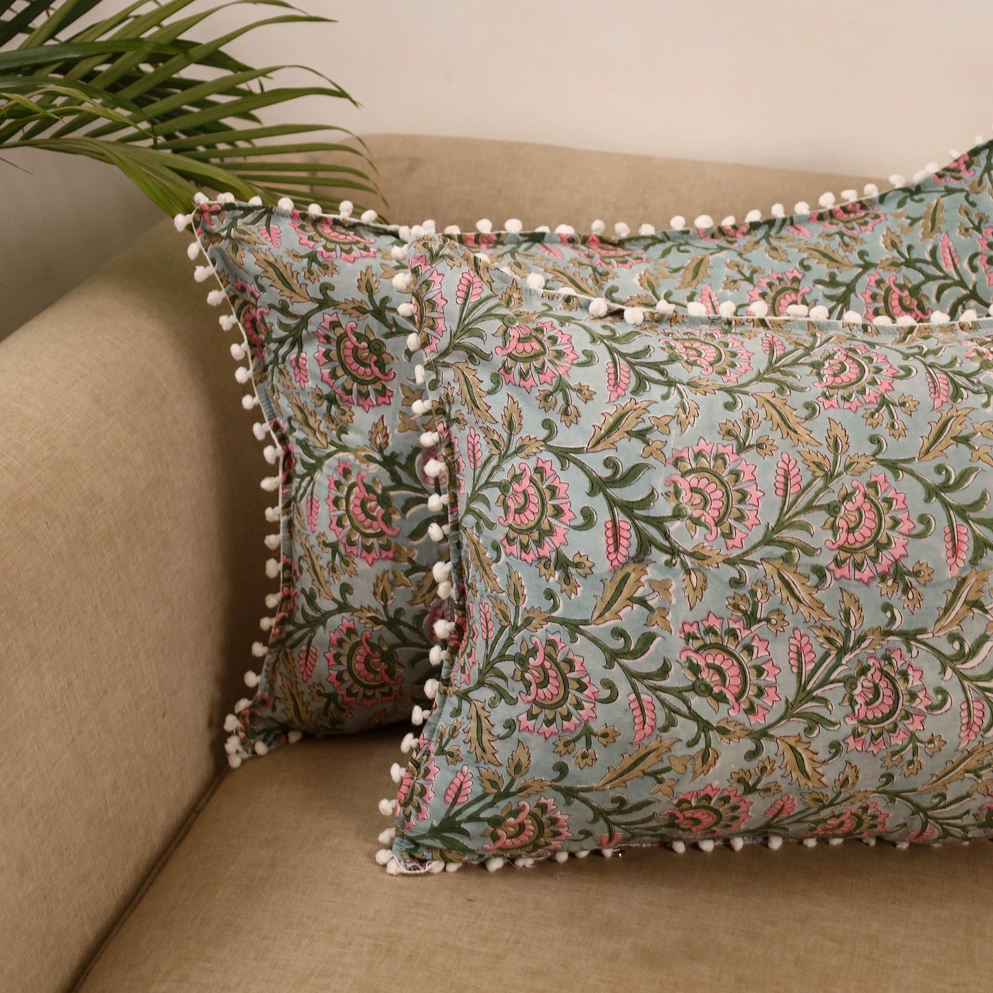 Sanganeri pillow cover with pom (set of 2) 29 - handcrafted