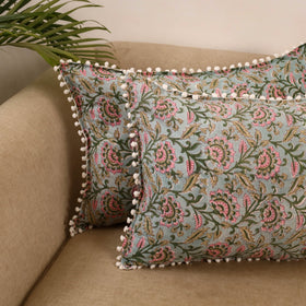 Sanganeri pillow cover with pom (set of 2) 29 - handcrafted