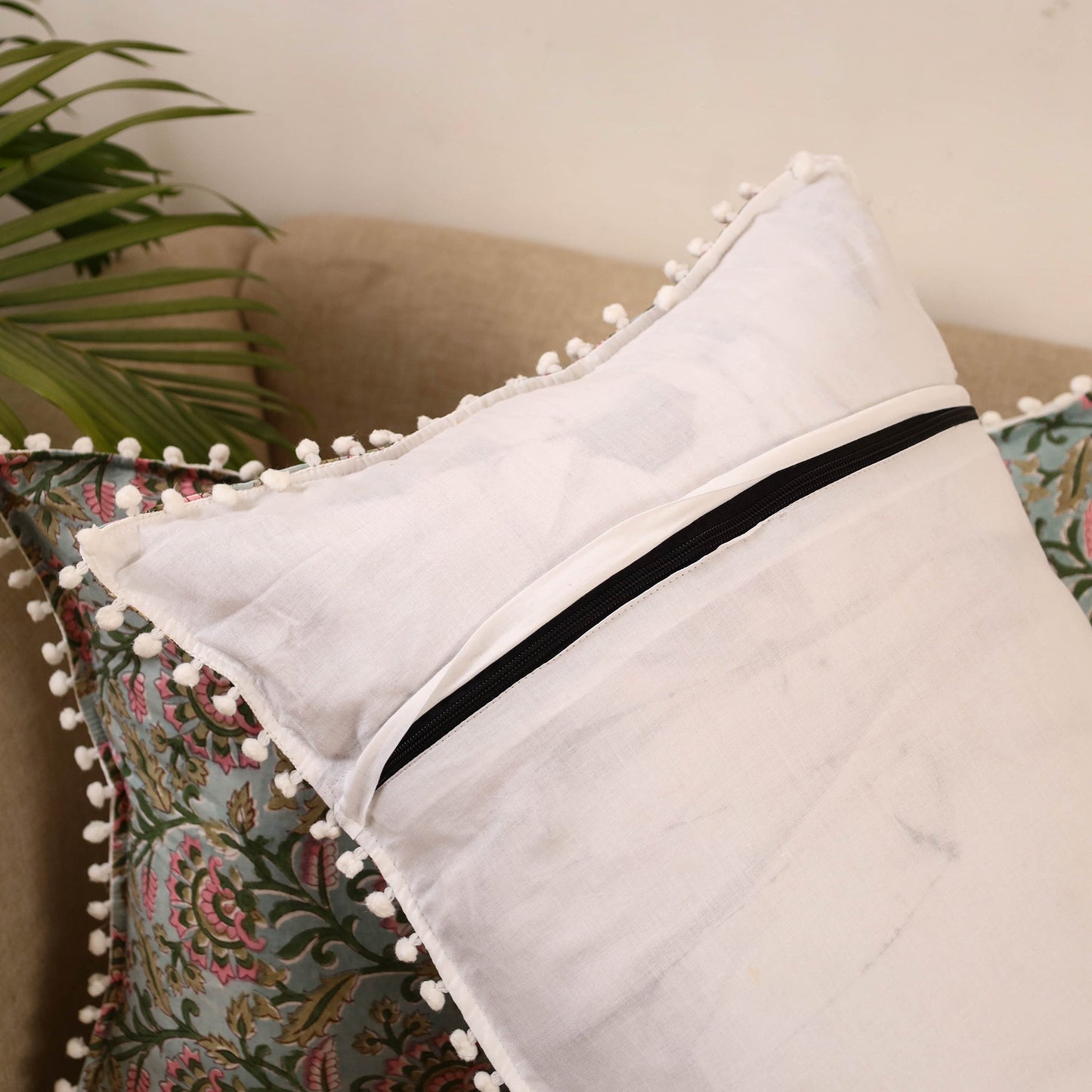 Sanganeri pillow cover with pom (set of 2) 29 - handcrafted