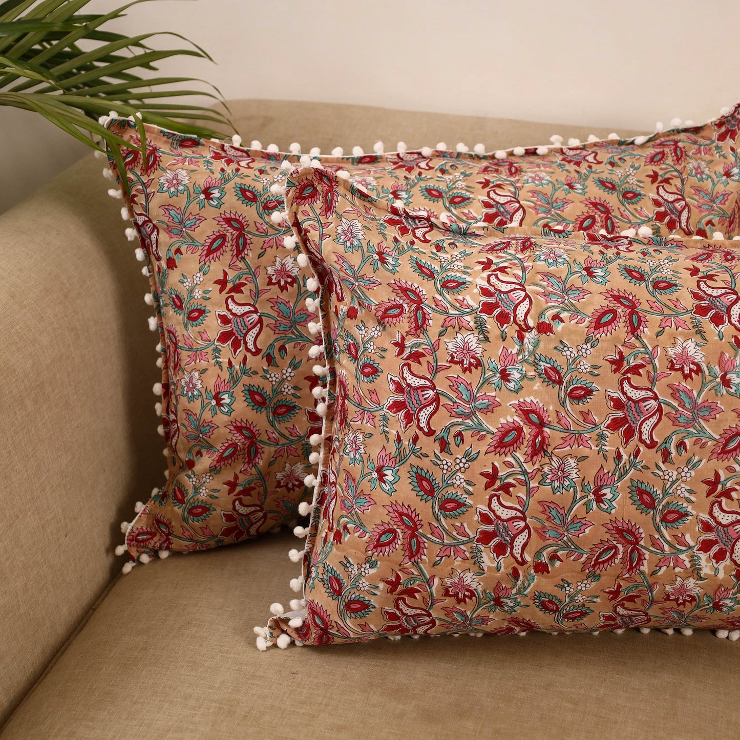 Sanganeri pillow cover with pom (set of 2) 30 - handcrafted
