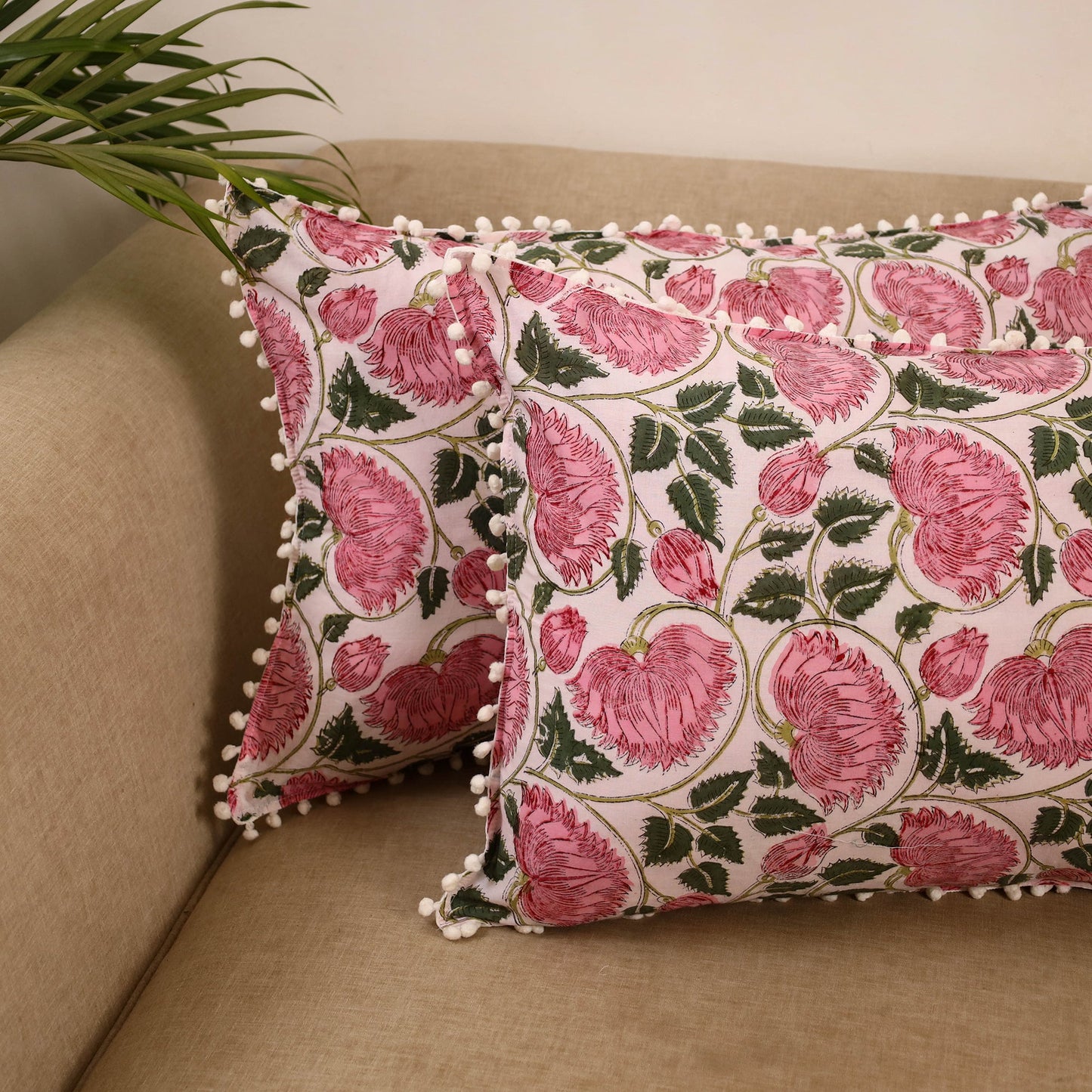 Sanganeri pillow cover with pom (set of 2) 31 - handcrafted