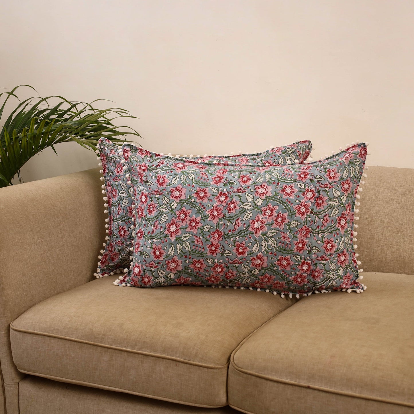 Sanganeri pillow cover with pom (set of 2) 32 - handcrafted