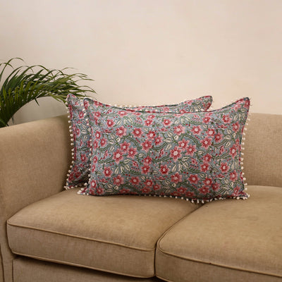 Sanganeri pillow cover with pom (set of 2) 32 - handcrafted