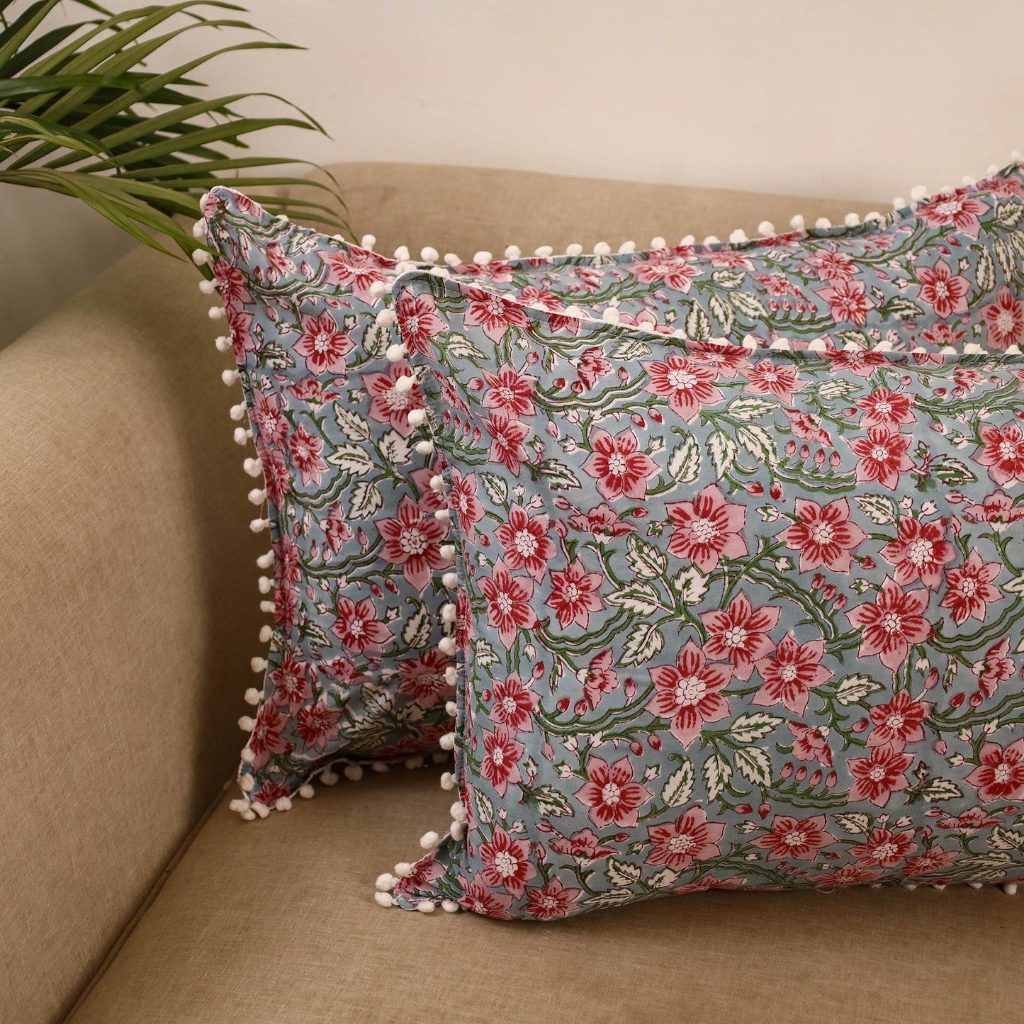 Sanganeri pillow cover with pom (set of 2) 32 - handcrafted