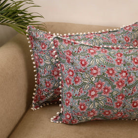 Sanganeri pillow cover with pom (set of 2) 32 - handcrafted