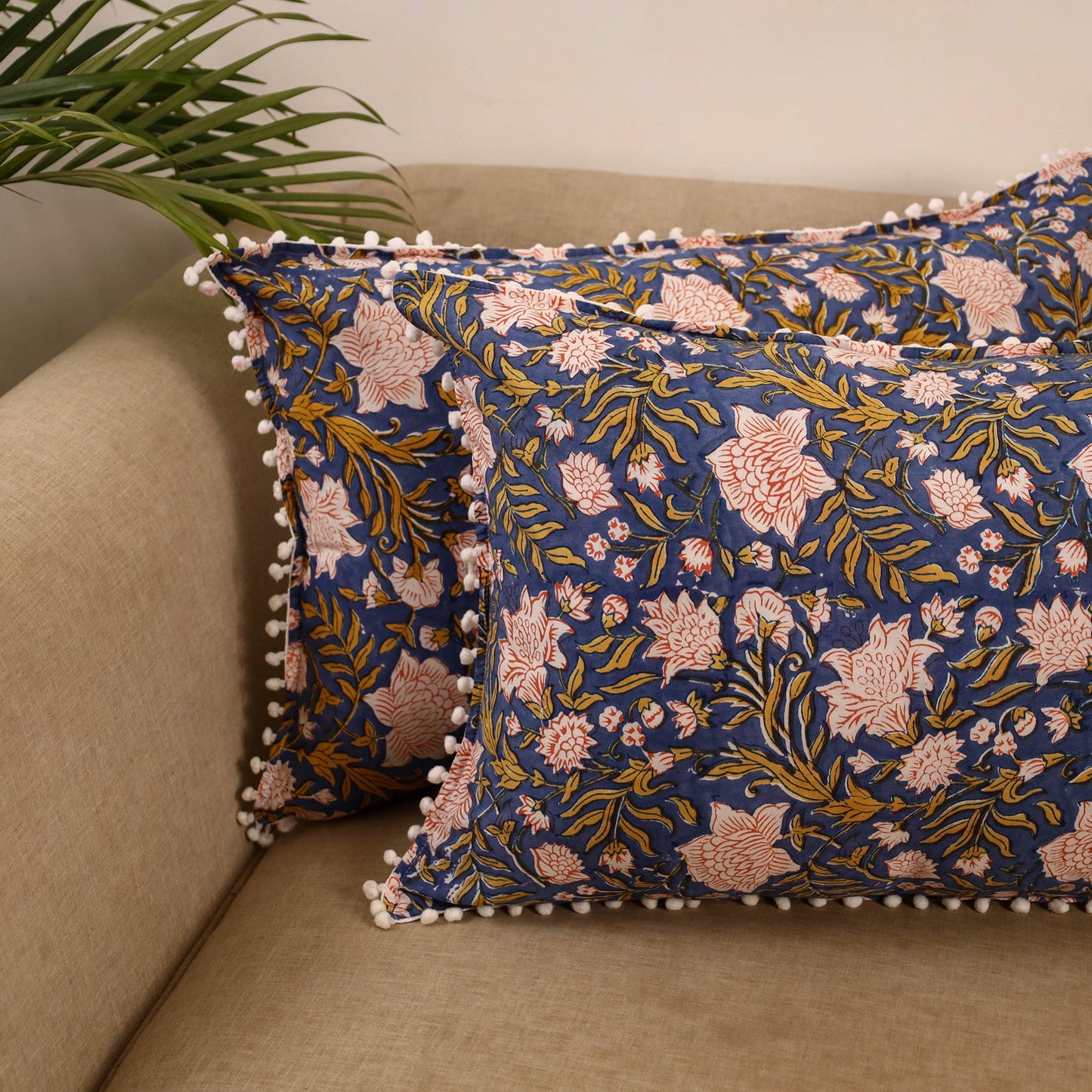 Sanganeri pillow cover with pom (set of 2) 33 - handcrafted