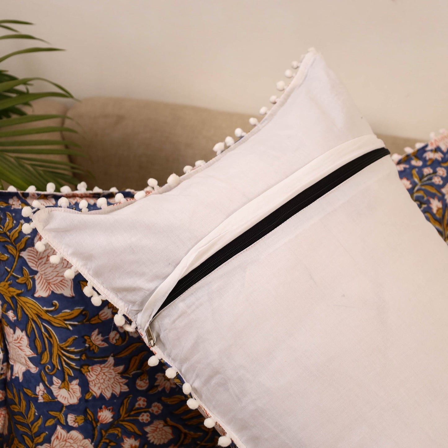 Sanganeri pillow cover with pom (set of 2) 33 - handcrafted