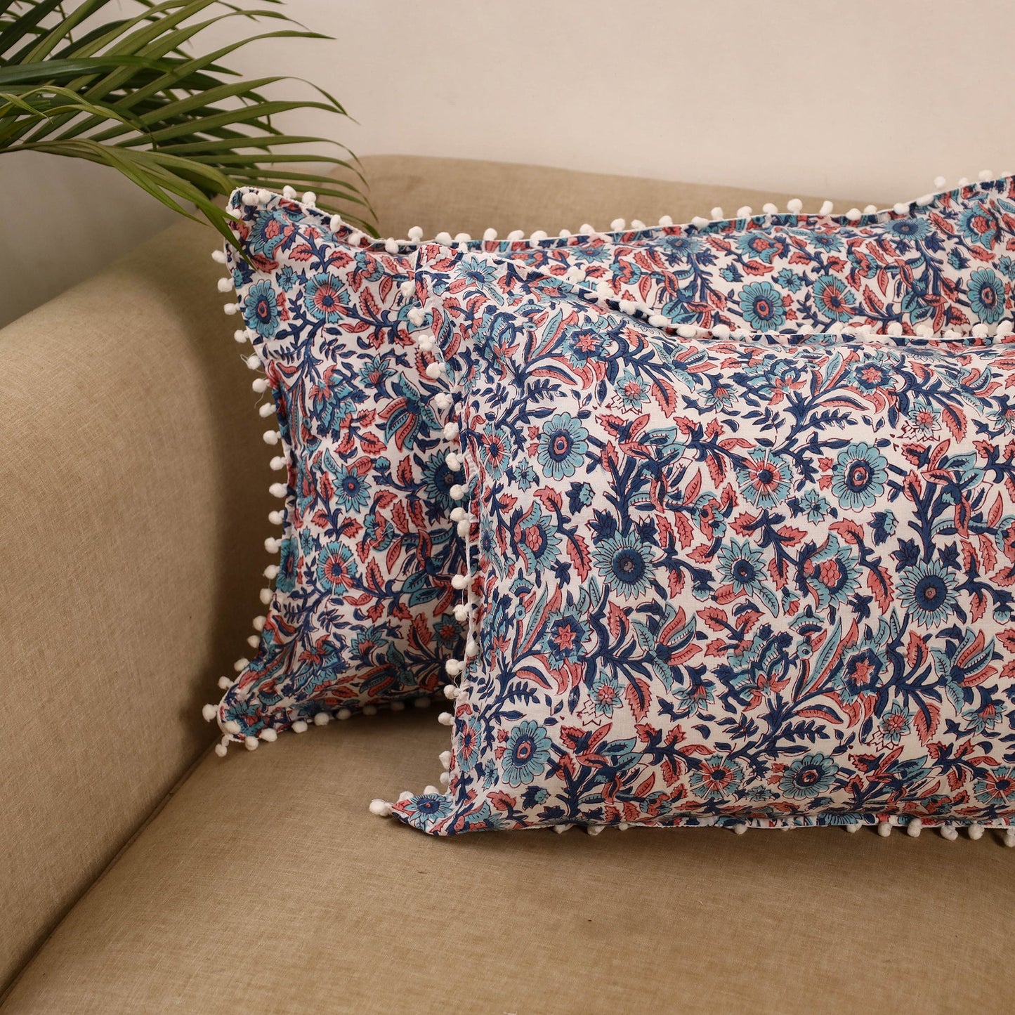 Sanganeri pillow cover with pom (set of 2) 35 - handcrafted