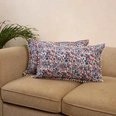 Sanganeri pillow cover with pom (set of 2) 35 - handcrafted