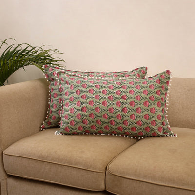 Sanganeri pillow cover with pom (set of 2) 36 - handcrafted