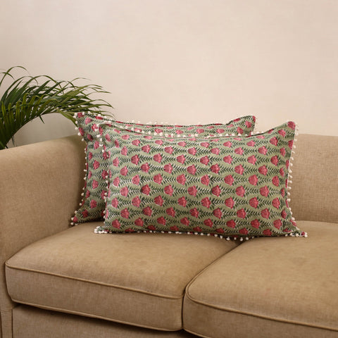 Sanganeri pillow cover with pom (set of 2) 36 - handcrafted