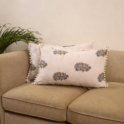 Sanganeri pillow cover with pom (set of 2) 39 - handcrafted