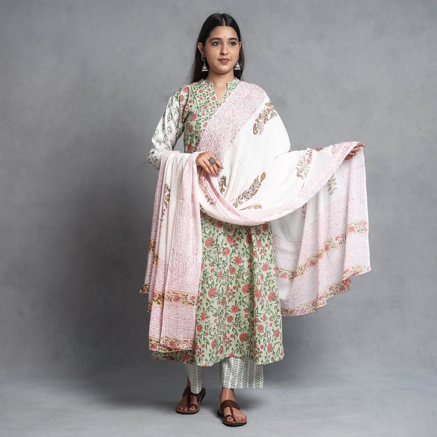 Sanganeri Block Printed Cotton Kurta with Palazzo & Dupatta Set