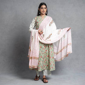Sanganeri Block Printed Cotton Kurta with Palazzo & Dupatta Set