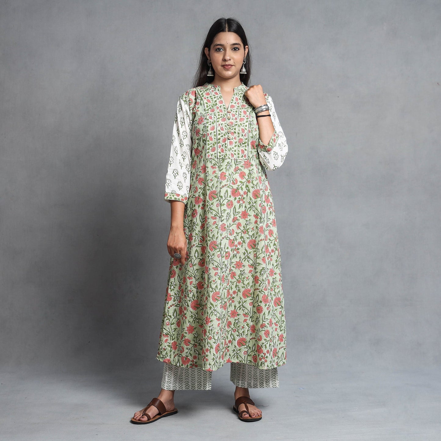 Sanganeri Block Printed Cotton Kurta with Palazzo & Dupatta Set