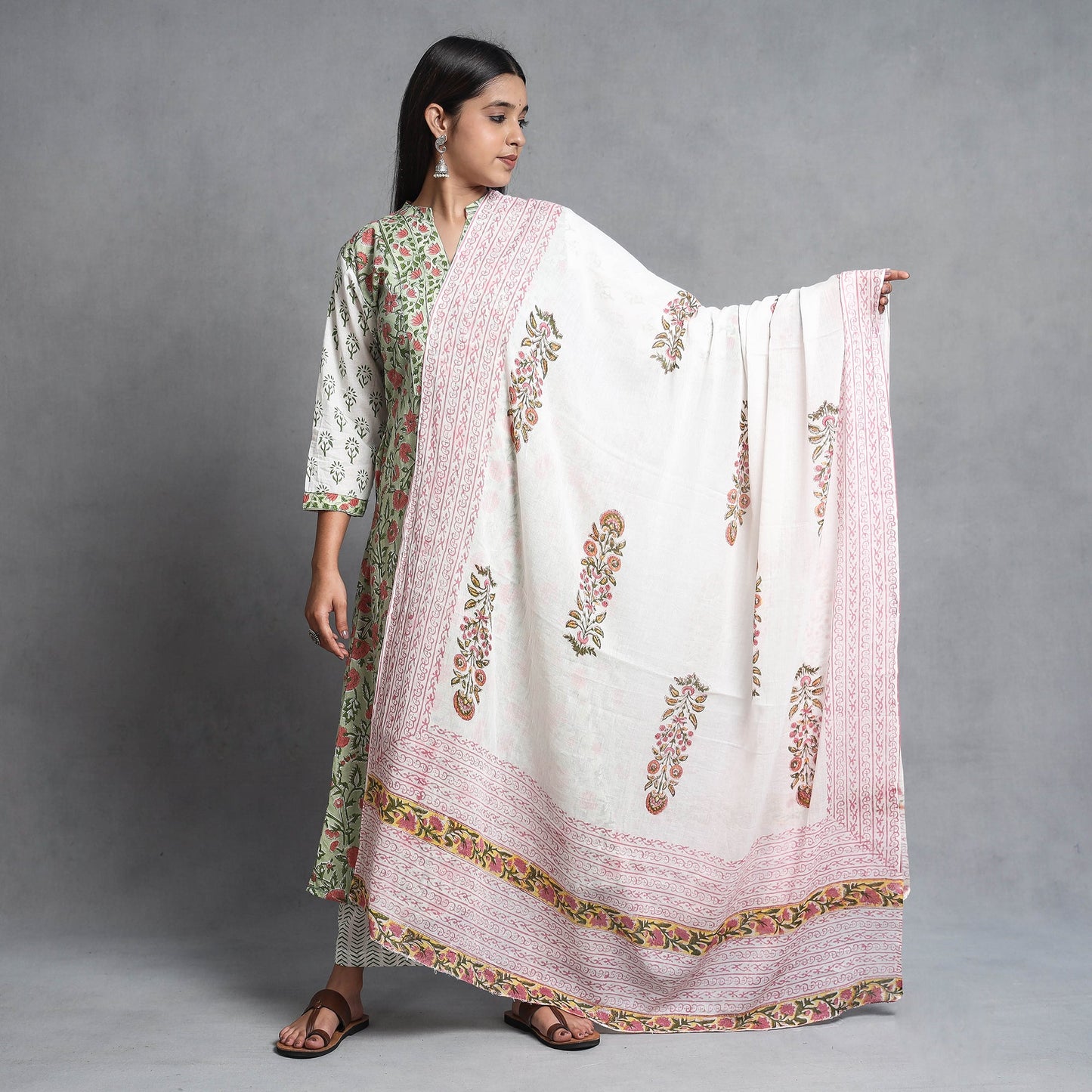 Sanganeri Block Printed Cotton Kurta with Palazzo & Dupatta Set