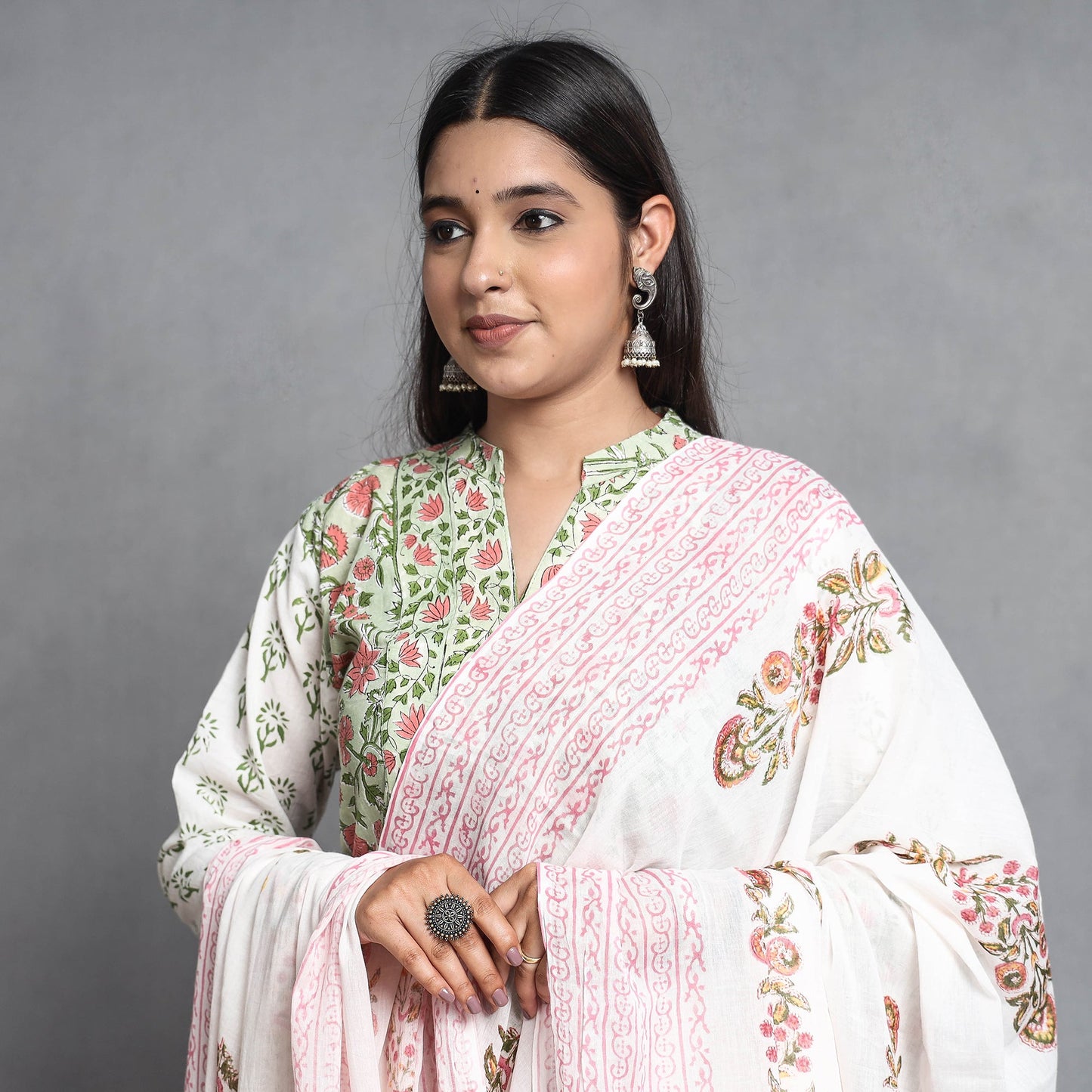 Sanganeri Block Printed Cotton Kurta with Palazzo & Dupatta Set