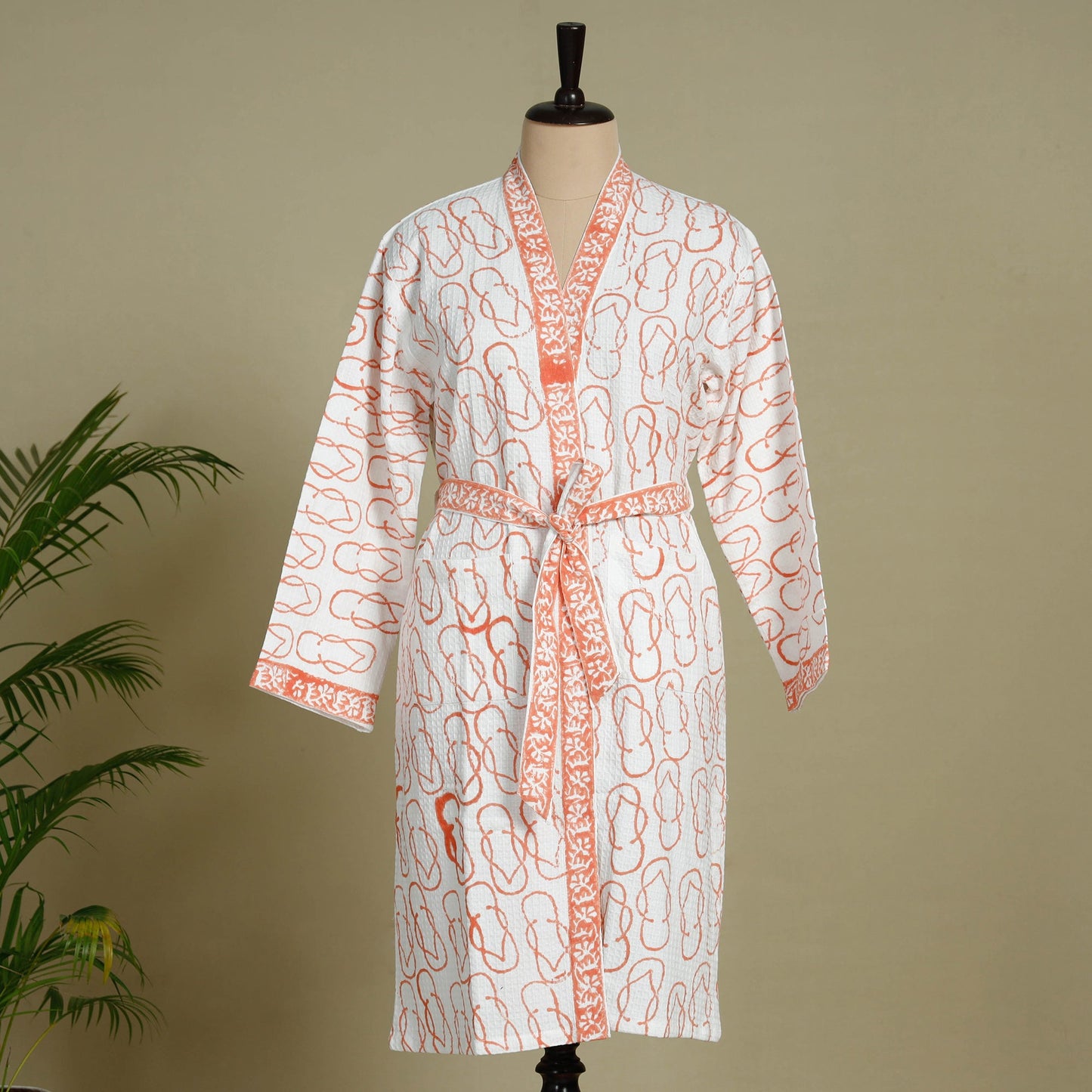  Sanganeri Block Printed Waffle Weave Handwoven Bath Robe 