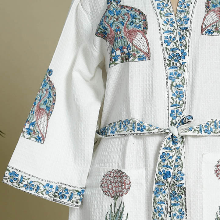Buy Sanganeri Block Printed Waffle Weave Handwoven Bath Robe Online at iTokri.com