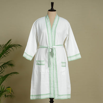Buy Sanganeri Block Printed Waffle Weave Handwoven Bath Robe Online at iTokri.com