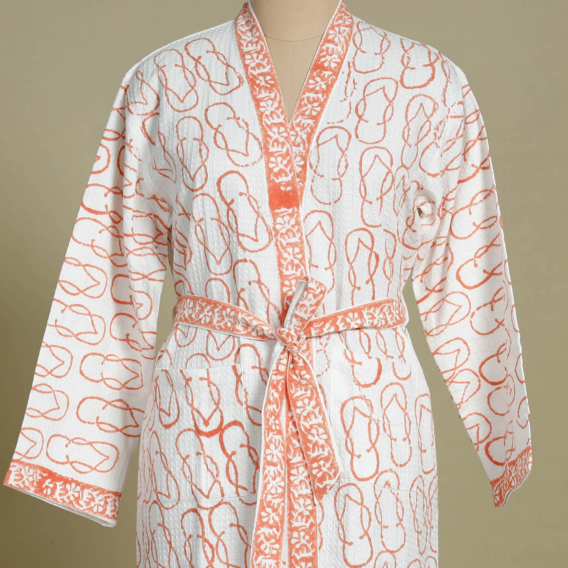  Sanganeri Block Printed Waffle Weave Handwoven Bath Robe 