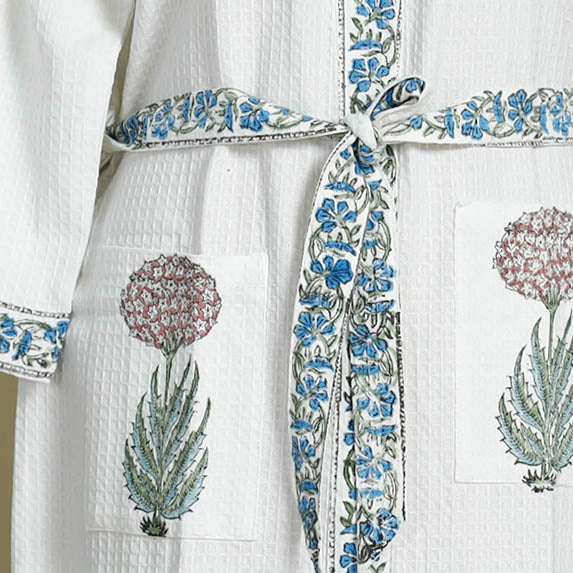 Buy Sanganeri Block Printed Waffle Weave Handwoven Bath Robe Online at iTokri.com