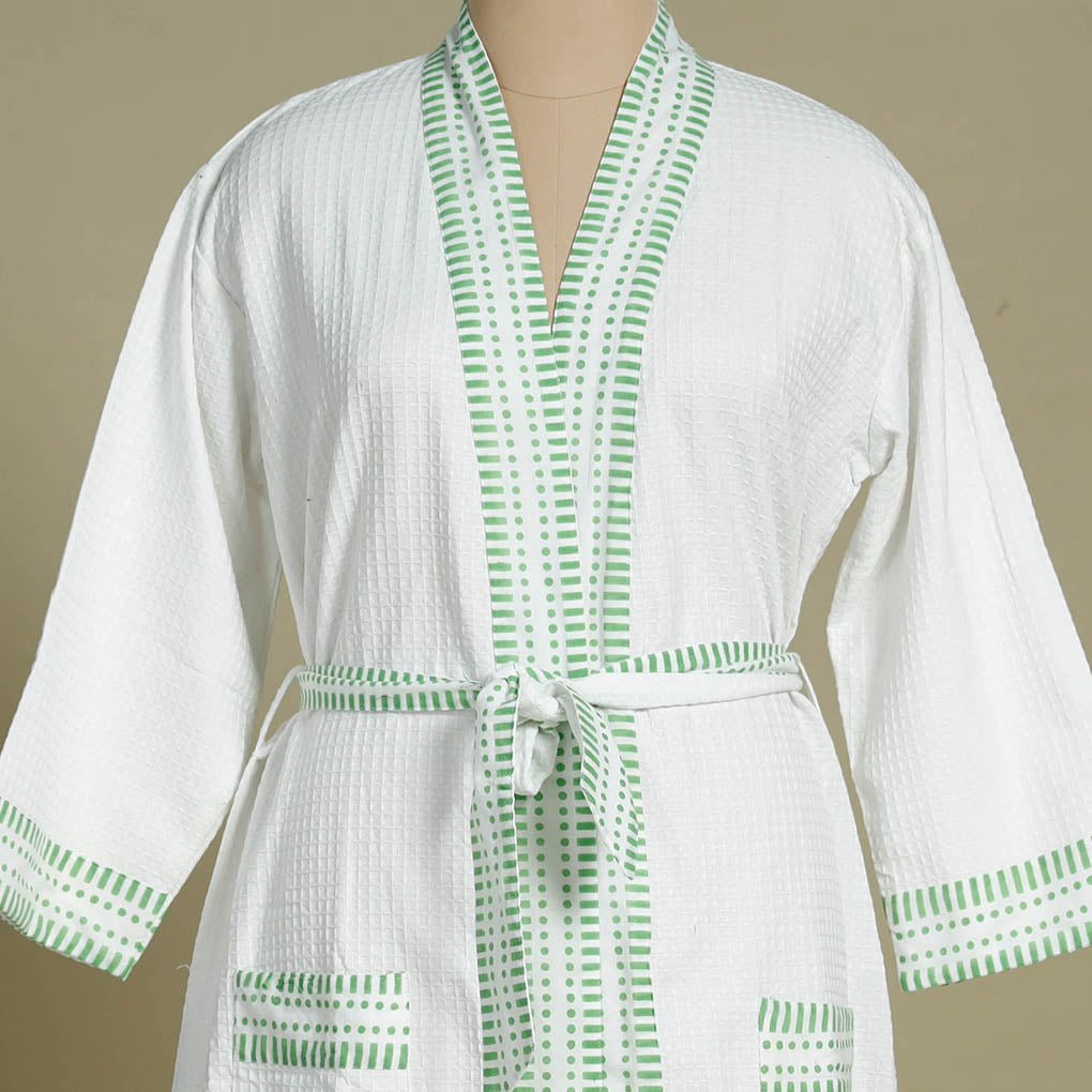 Buy Sanganeri Block Printed Waffle Weave Handwoven Bath Robe Online at iTokri.com