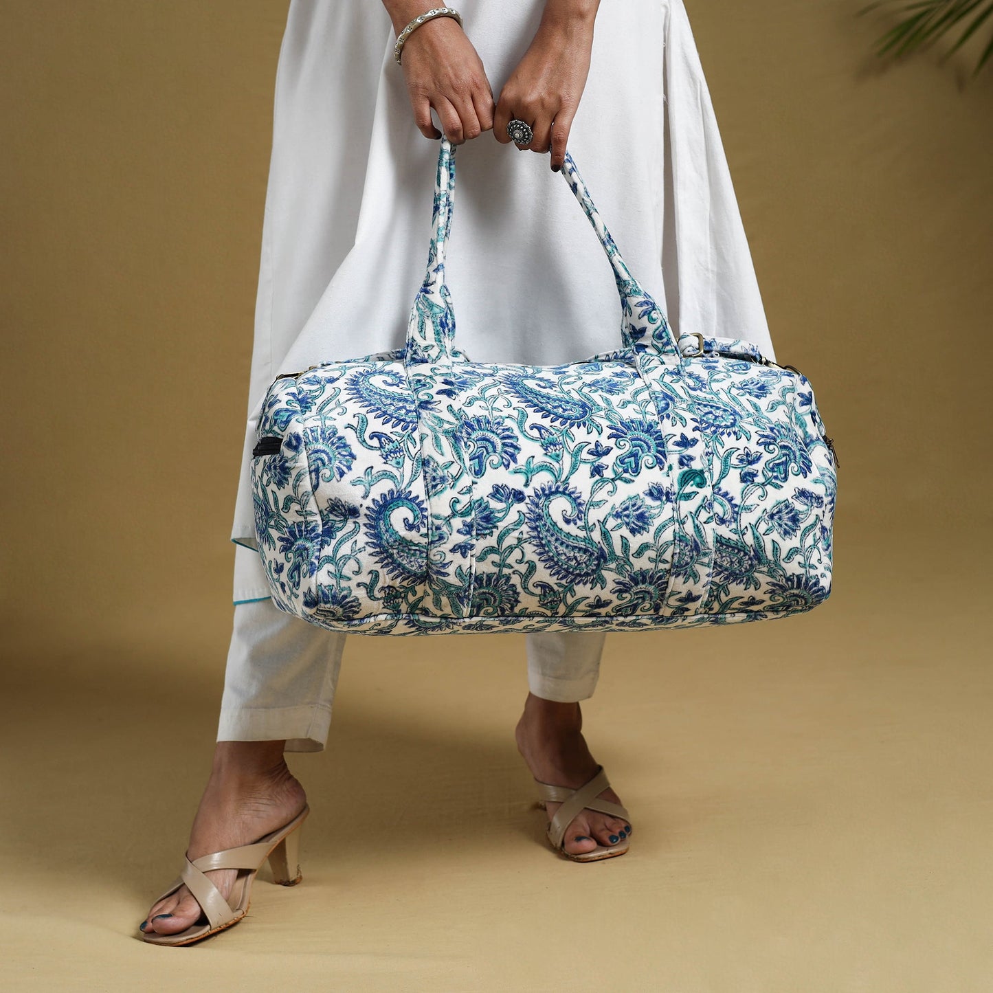 Sanganeri Print Velvet Duffle Travel Bag