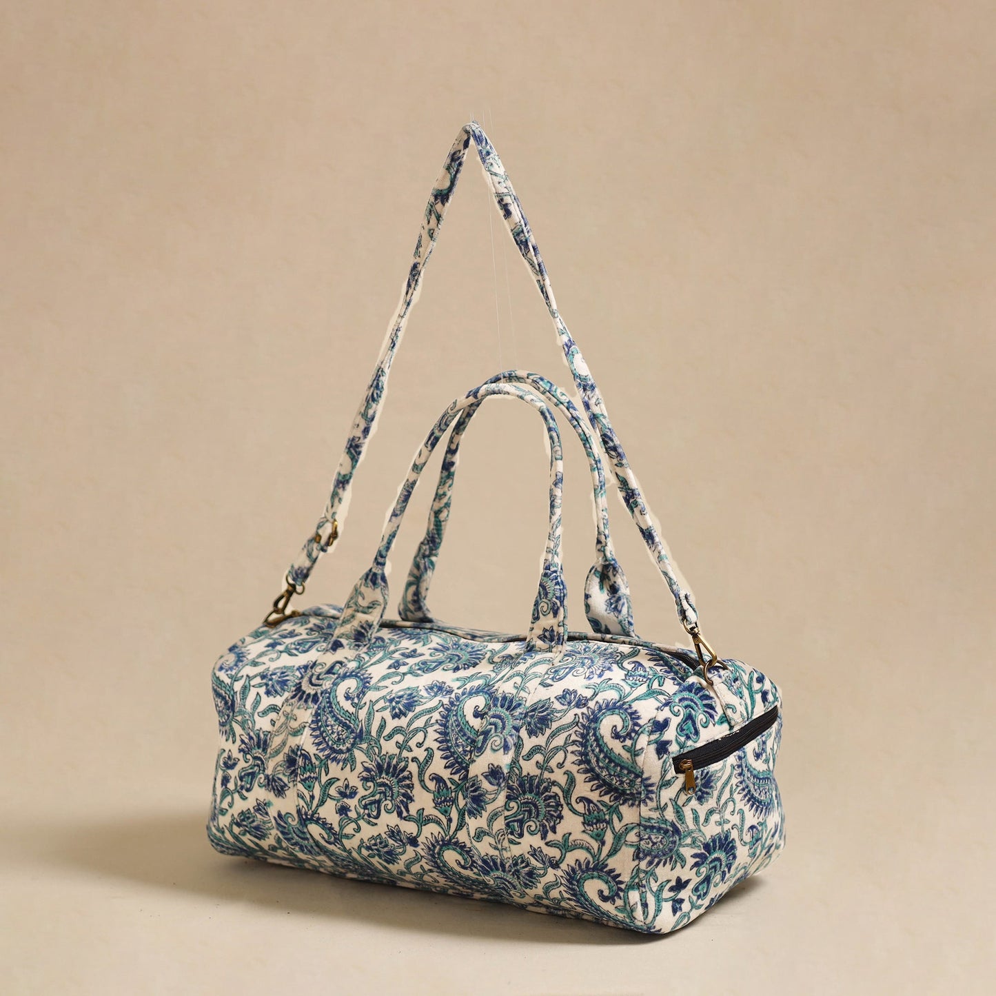 Sanganeri Print Velvet Duffle Travel Bag