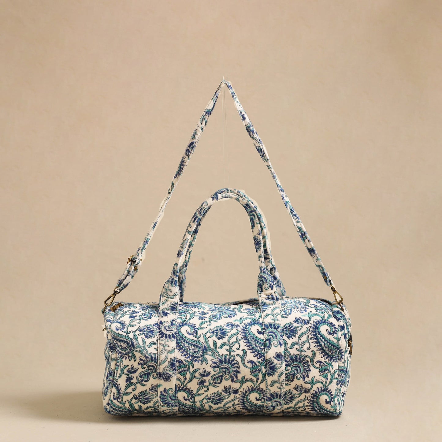 Sanganeri Print Velvet Duffle Travel Bag