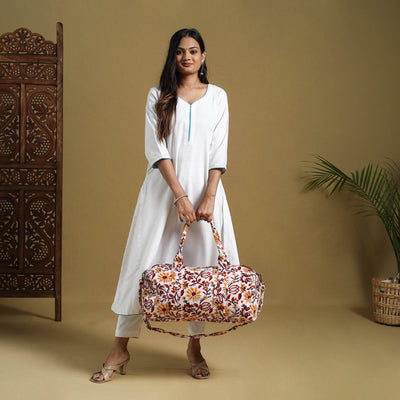 Sanganeri Print Velvet Duffle Travel Bag