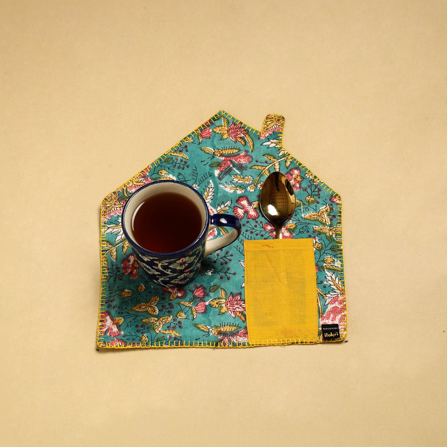 Hand Embroidered Floral Sea Green Pot Holder with Pocket 