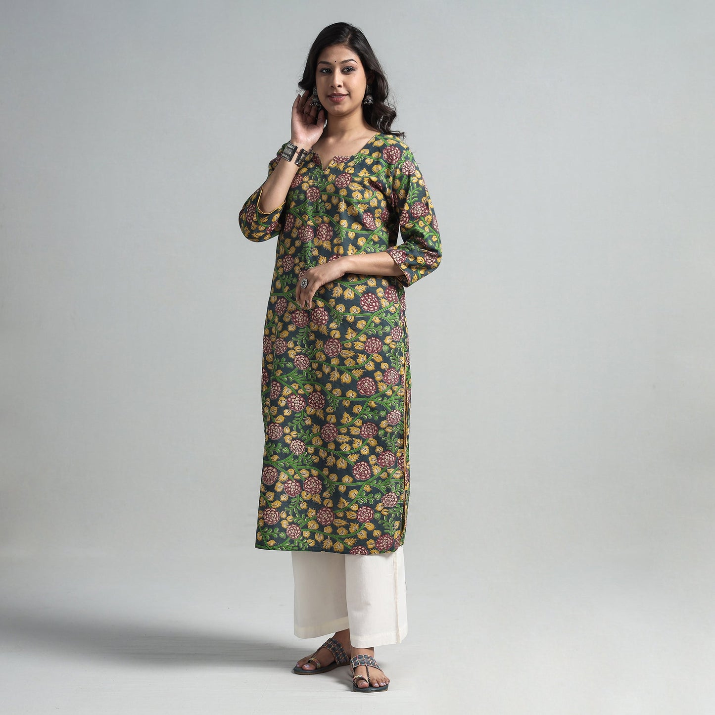 Sea green - kalamkari printed cotton a-line long kurta